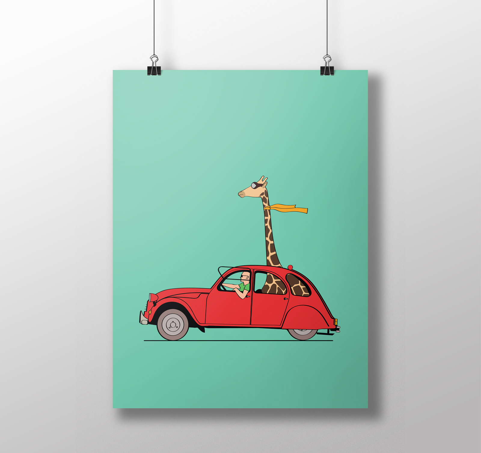 Illustration 2cv et girafe, réalisation Studio du Flamant rose, Bordeaux.