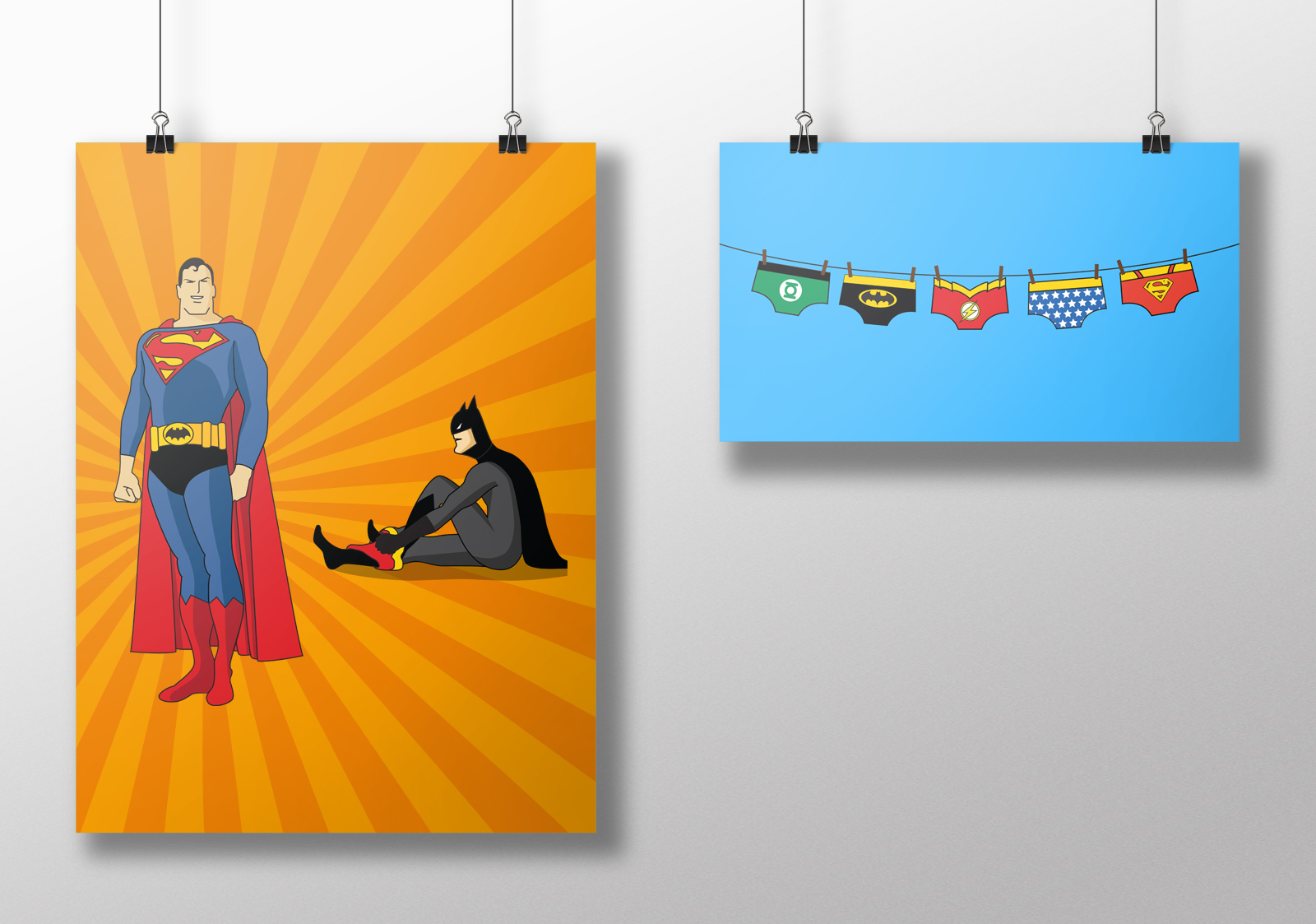 Illustration Batman et Superman échangeant leurs sous vêtements. Réalisation Studio du Flamant rose, Bordeaux.