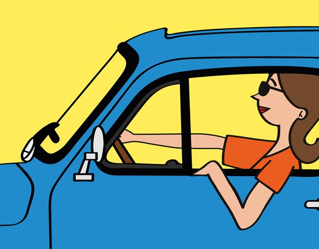 Illustration Fiat 500 et flamant rose, réalisation Studio du Flamant rose, Bordeaux.