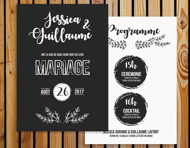 Faire part de mariage design, réalisation Studio du Flamant rose, Bordeaux.