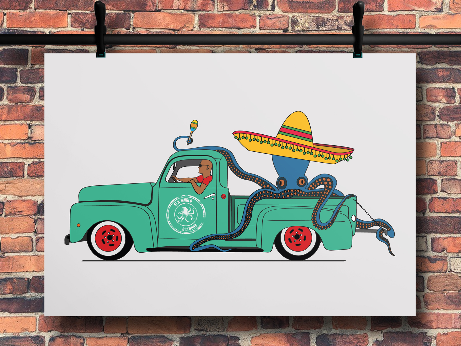 Illustration poulpe pick up Ford f100, réalisation Studio du Flamant rose, Bordeaux.