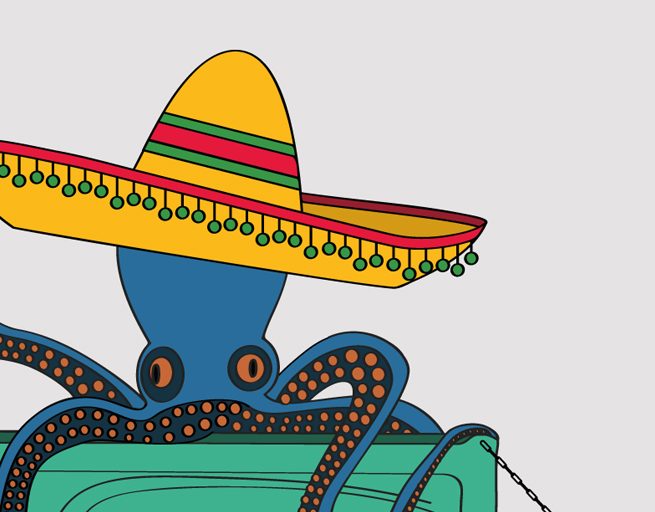 Illustration poulpe pick up Ford f100, réalisation Studio du Flamant rose, Bordeaux.